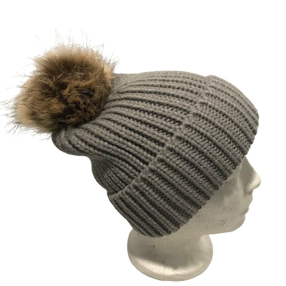 Steve Madden Gray Knit Pom-Pom Winter Beanie Touque Hat